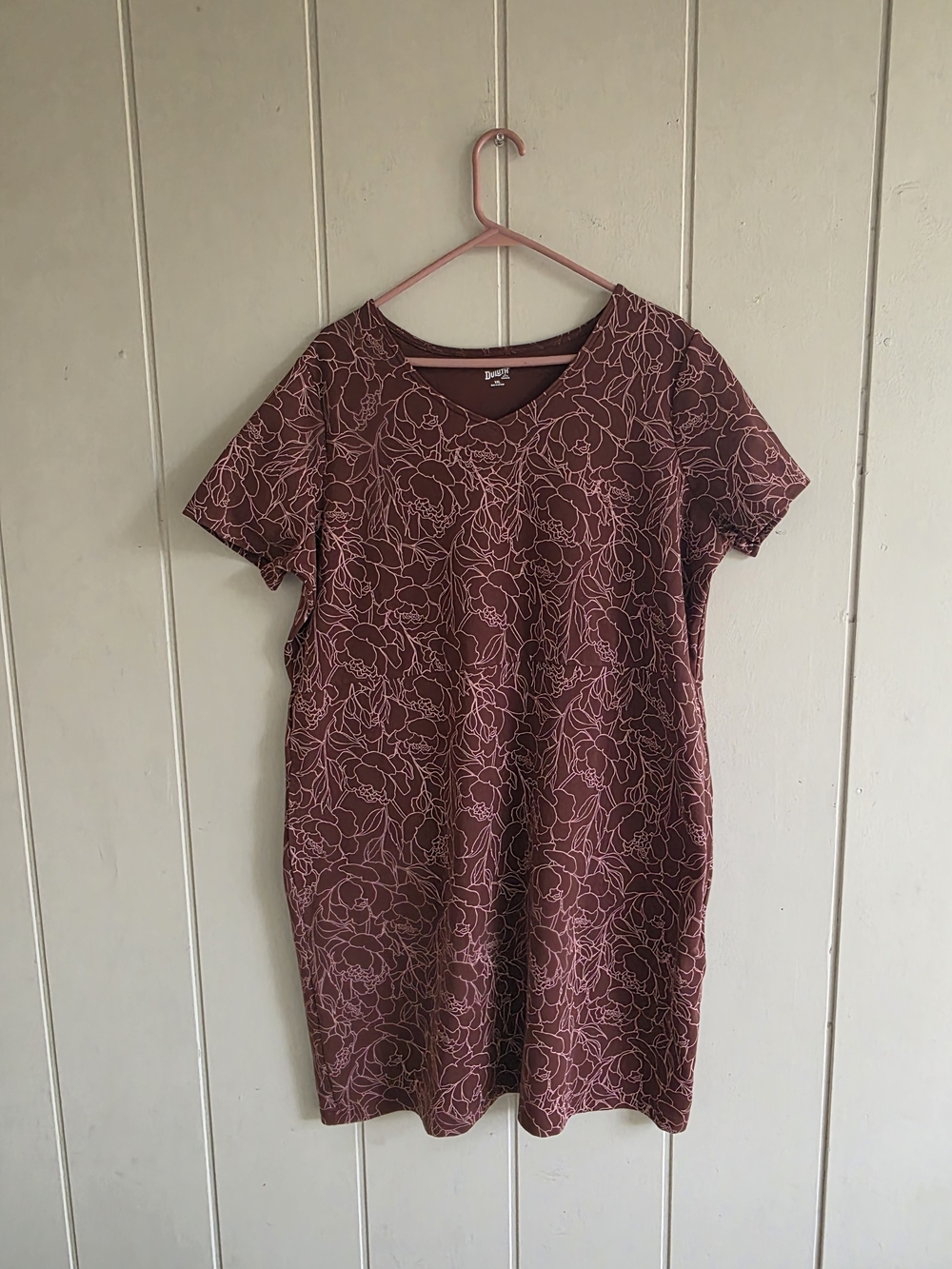 Duluth Trading Co T Shirt Dress Floral Brown/Pink Cotton Blend XXL Pockets
